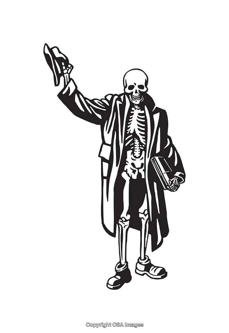 Skeleton Figure in Coat Holding Book and Hat in Black Line Art