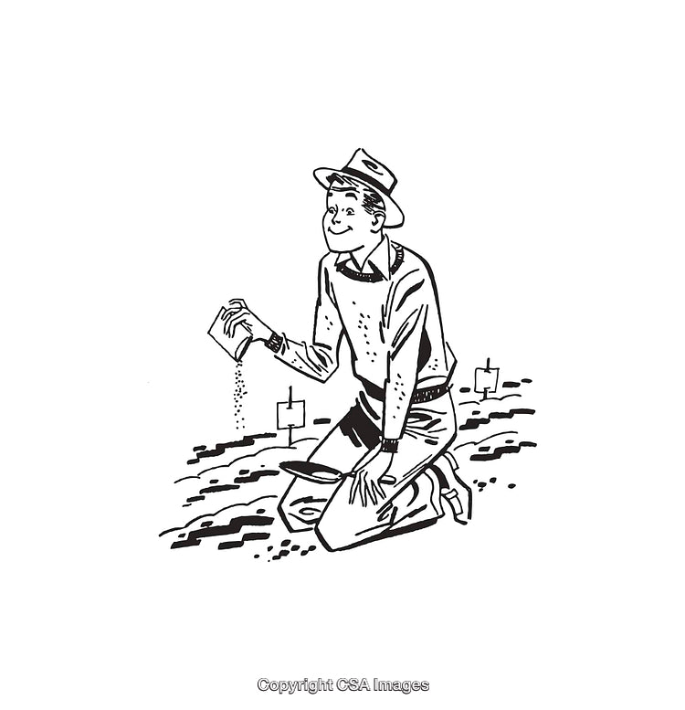 Black and White Line Art of a Man Planting Seeds in a Garden