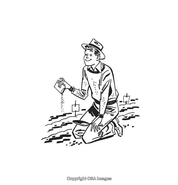 Black and White Line Art of a Man Planting Seeds in a Garden