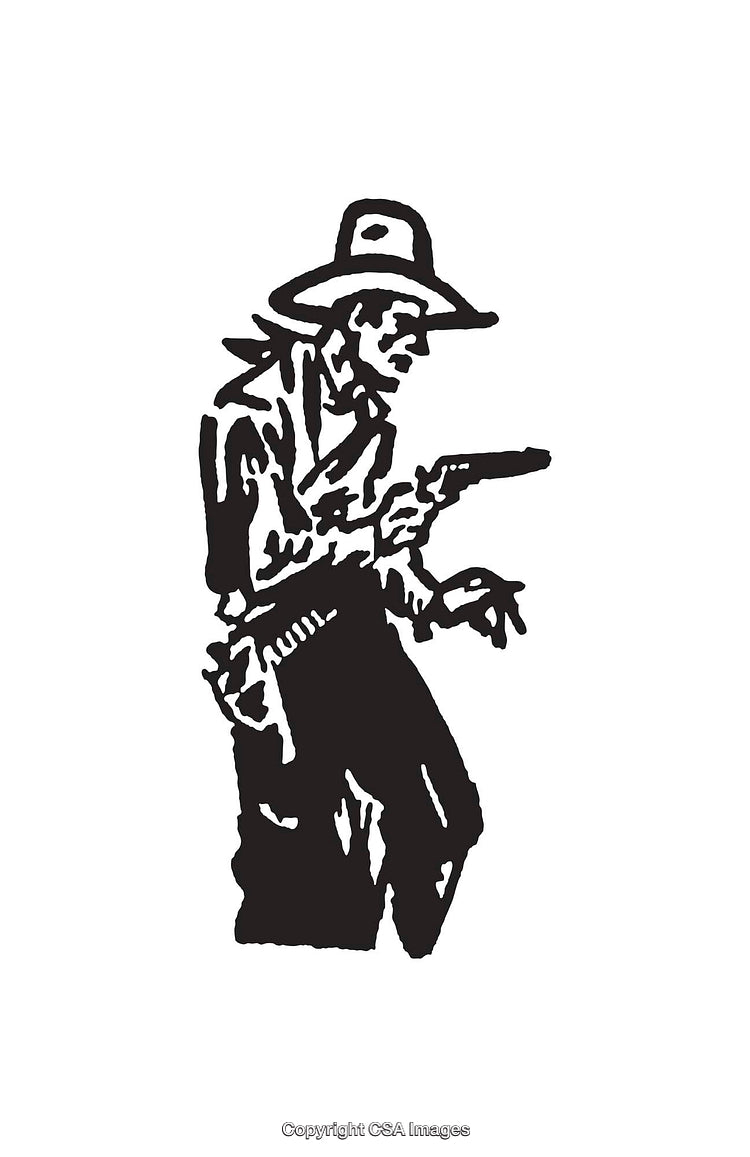 Black and White Line Art of a Cowboy Illustration Holding a Gun