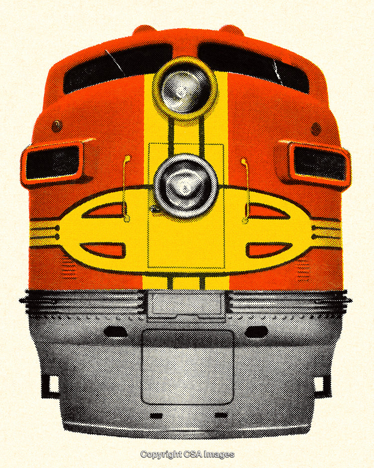 Front View of a Retro Styled Vintage Train Engine in Halftone Artwork