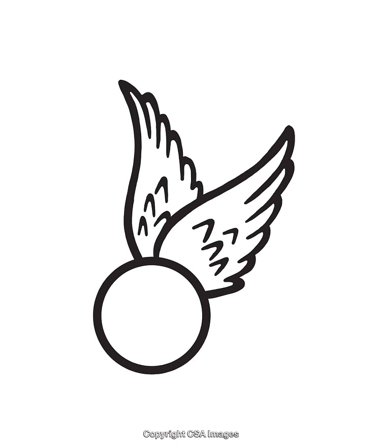 Black and White Illustration of a Flying Ball with Wings