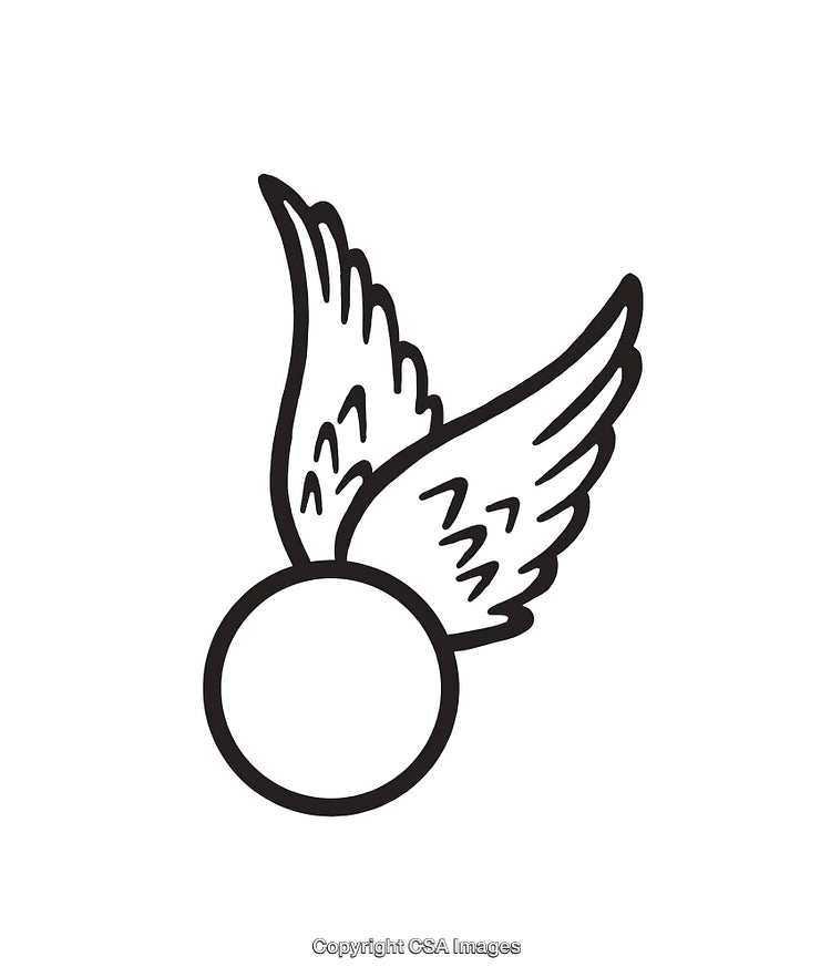 Black and White Illustration of a Flying Ball with Wings