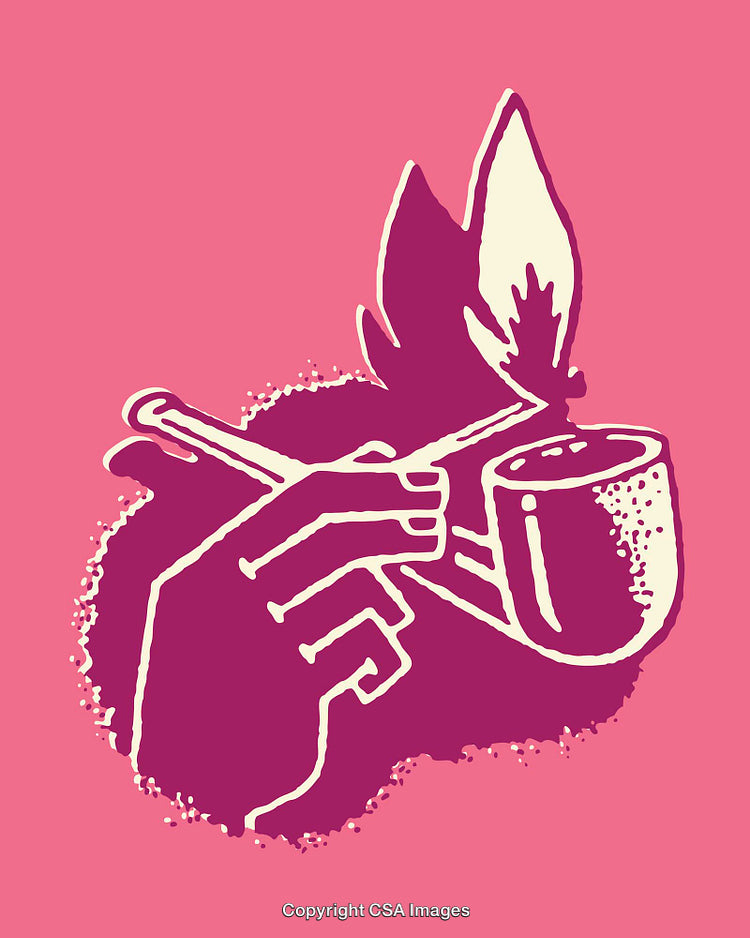Abstract Line Art of Smoking Pipe with Hand and Flame on Pink Background