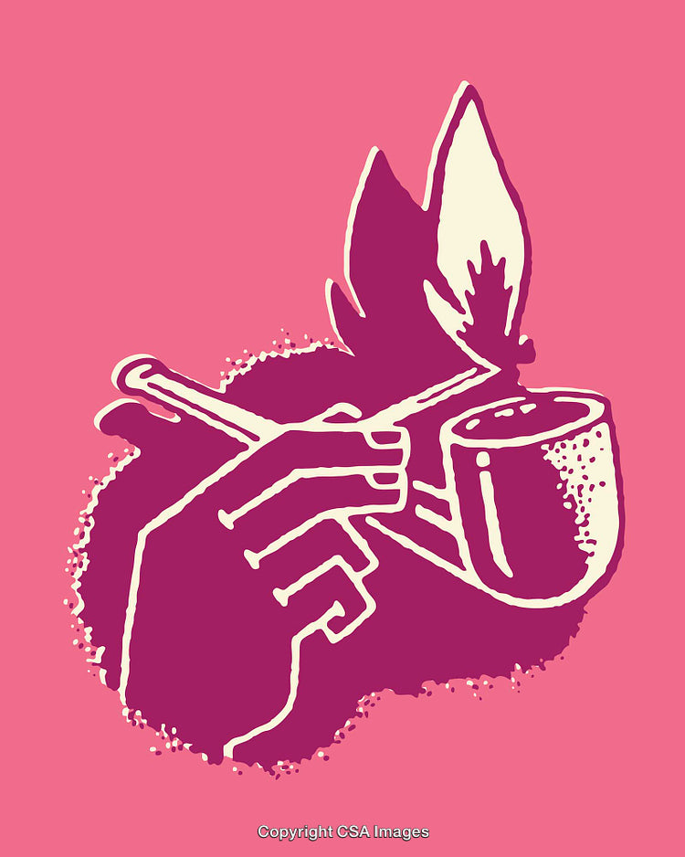Abstract Line Art of Smoking Pipe with Hand and Flame on Pink Background