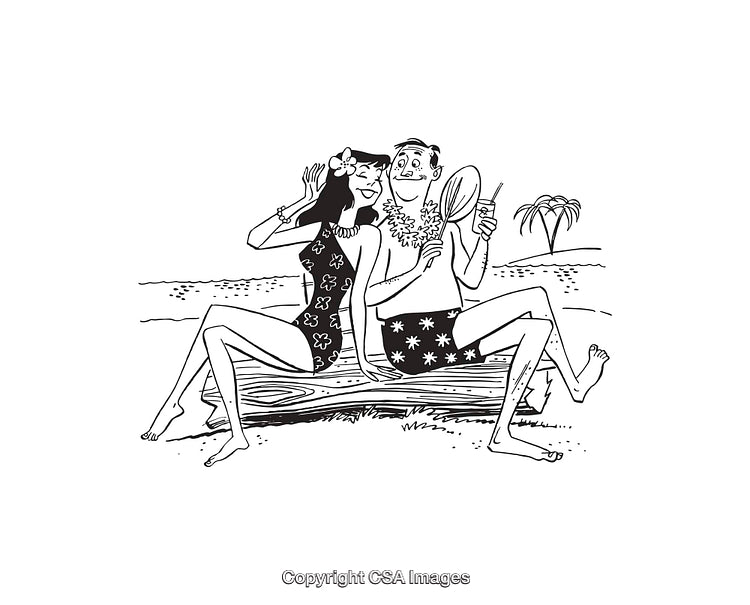 Black and White Illustration of a Relaxing Hawaiian Beach Scene