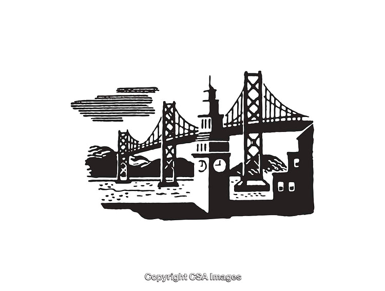 Black and White Line Art of a Bridge with Tower and Skyline
