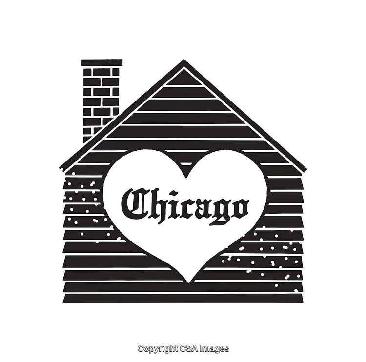 Black and White Line Art Illustration of a Chicago-Themed Heart Inside a House