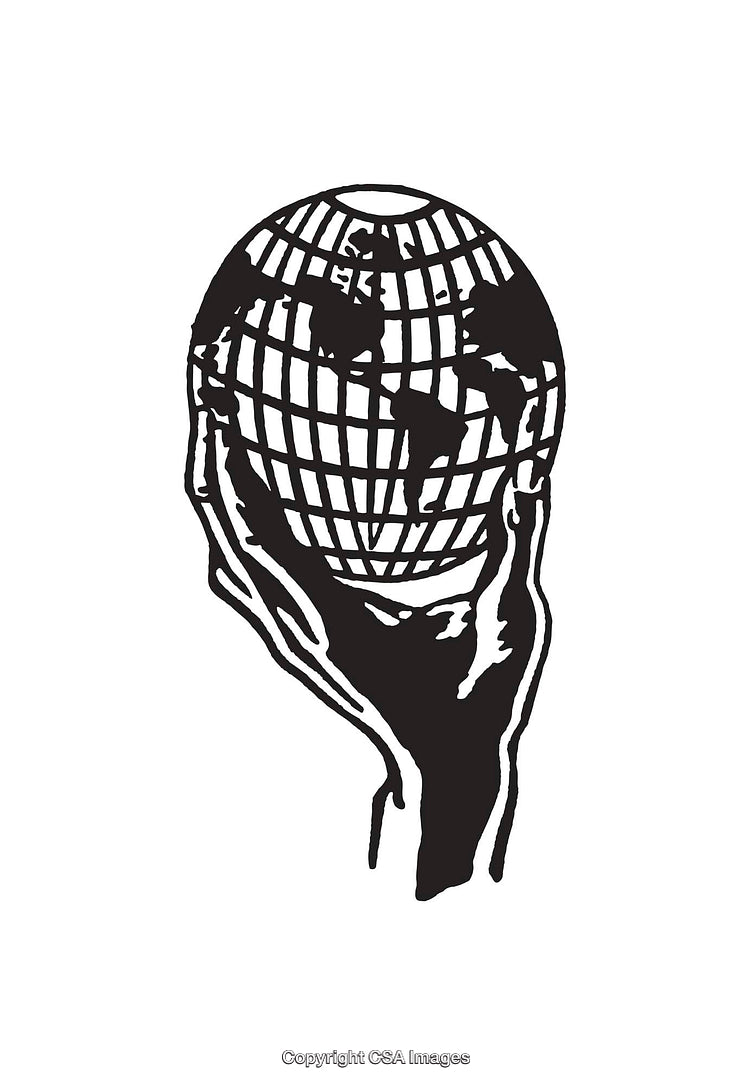 Hand Holding a Globe in Black and White Line Art Illustration