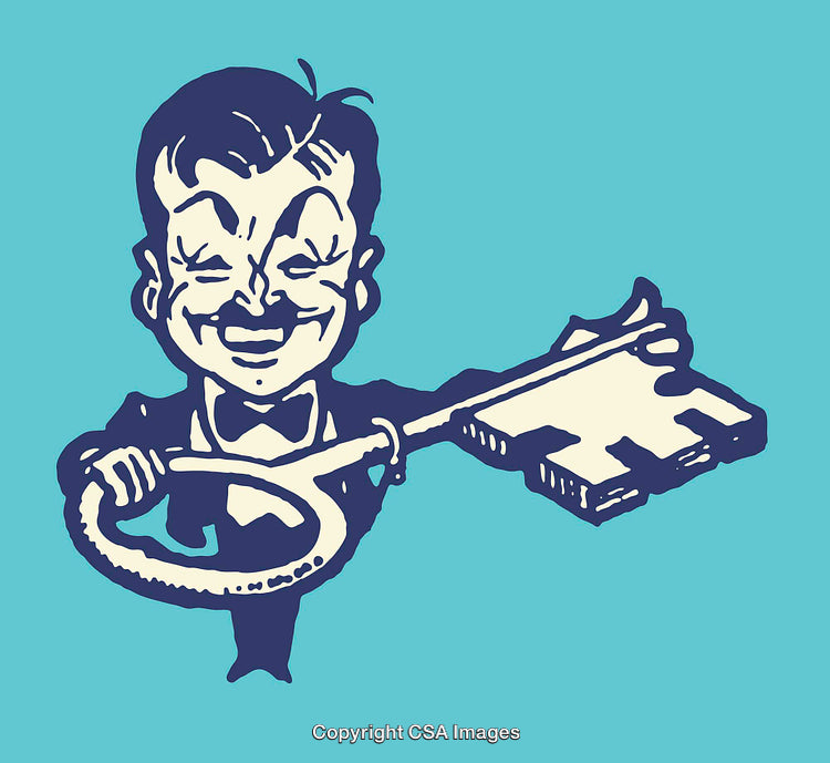 Vintage Cartoon Character Holding a Large Antique Style Key
