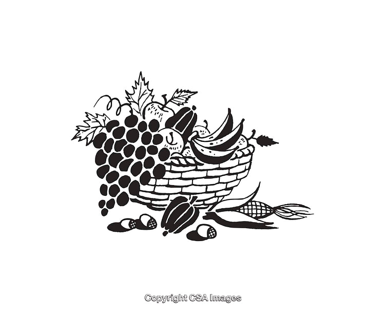 Black And White Illustration of a Fruit Basket and Vegetables