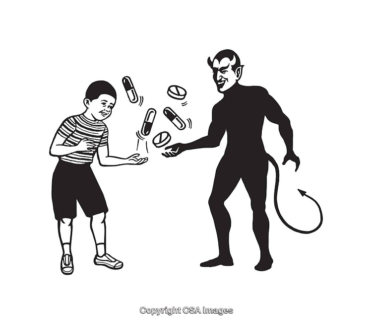 Black and White Illustration of Devil Offering Pills to a Child