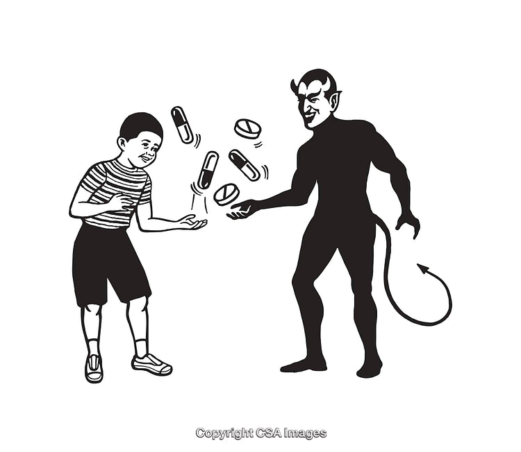 Black and White Illustration of Devil Offering Pills to a Child