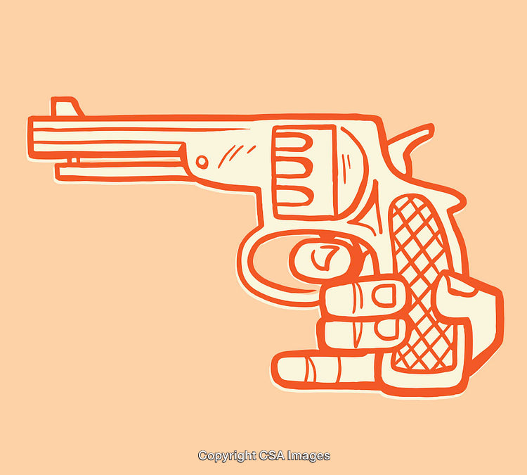 Orange Line Art of a Hand Holding a Revolver