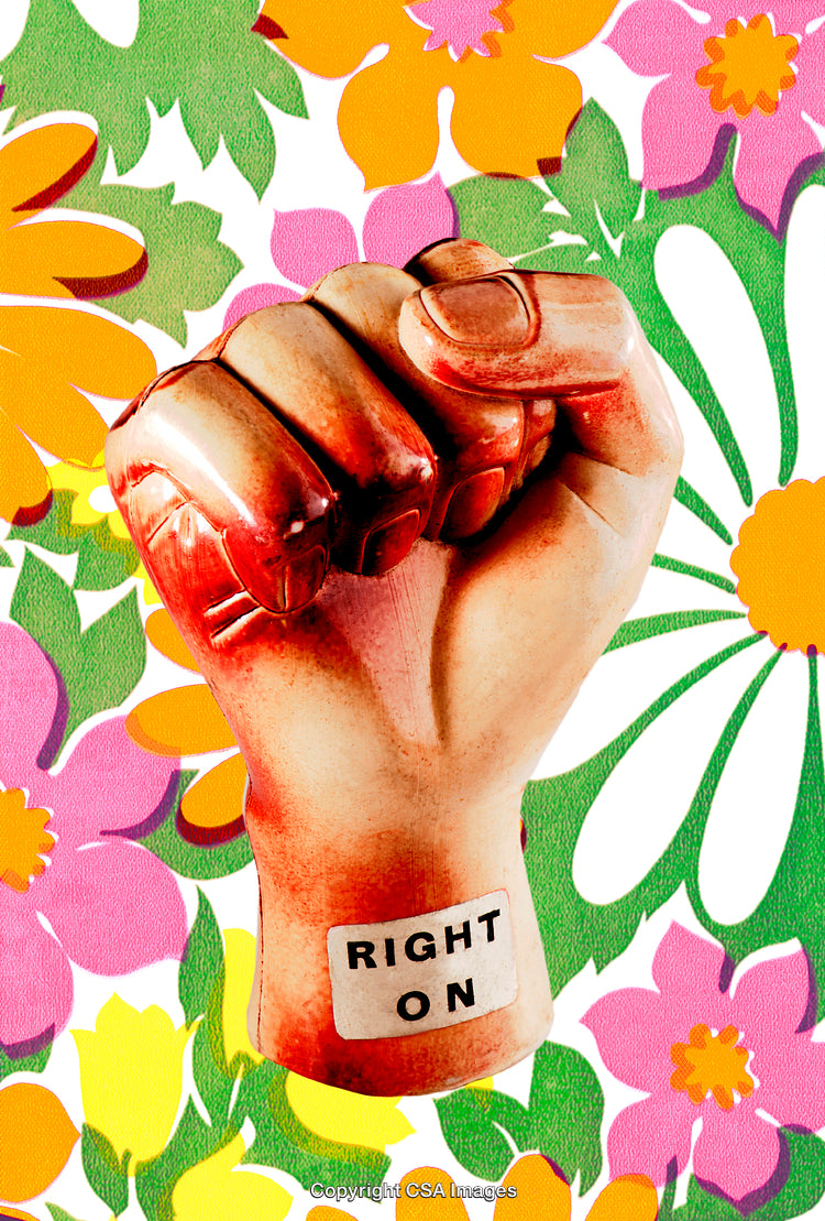 Vibrant Artistic Fist with Empowerment Message, Surrounded by Colorful Floral Design