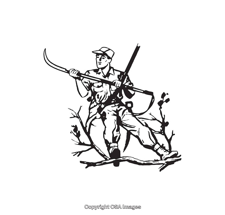 Black and White Illustration of a Hunter In Nature Holding a Tool