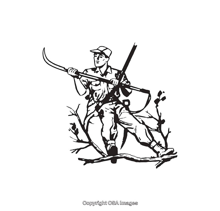Black and White Illustration of a Hunter In Nature Holding a Tool