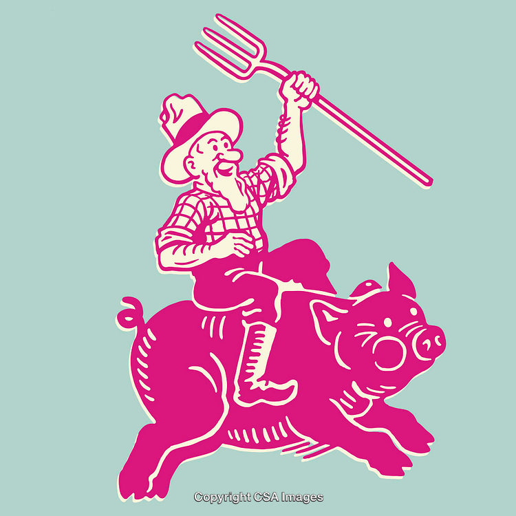 Farmer Riding a Pig Holding a Pitchfork in Colorful Line Art Illustration