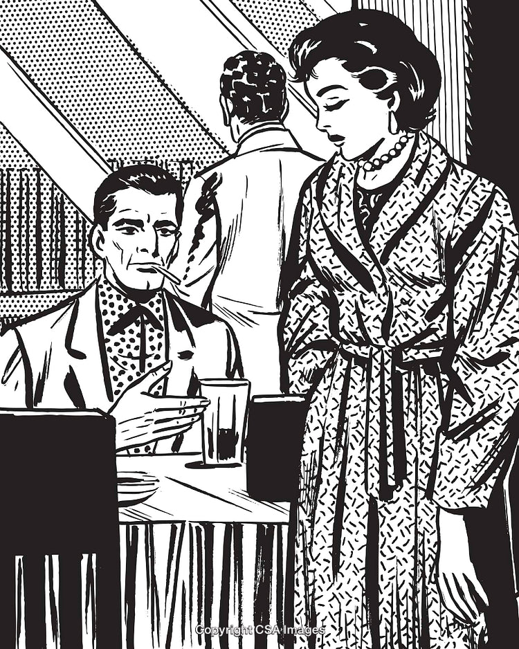 Retro Black and White Illustration of a Conversation in a Coffee Shop