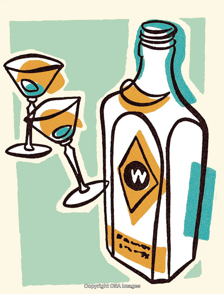 Illustrative Design of Bottle with Glasses in a Modern Artistic Style