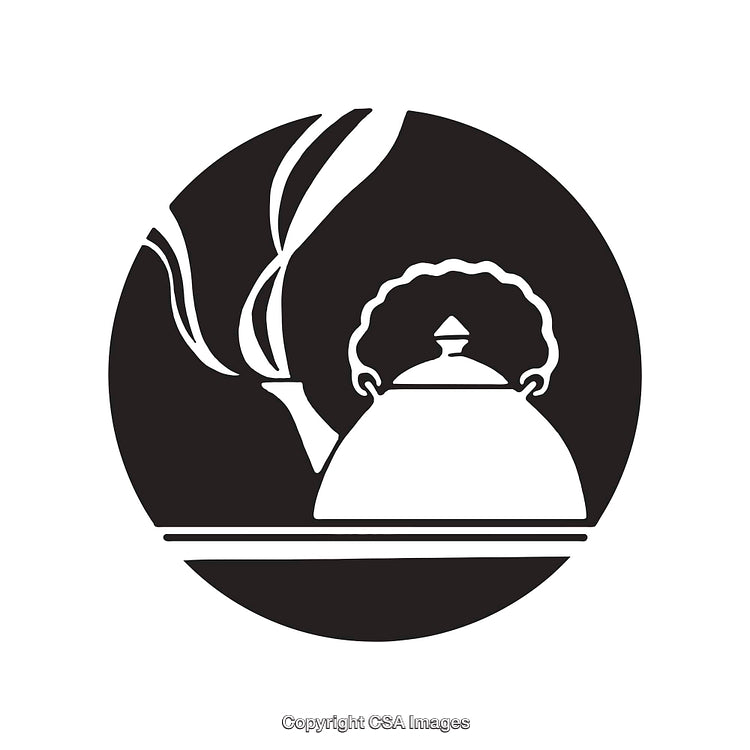 Black and White Line Art of a Steam Kettle Steaming