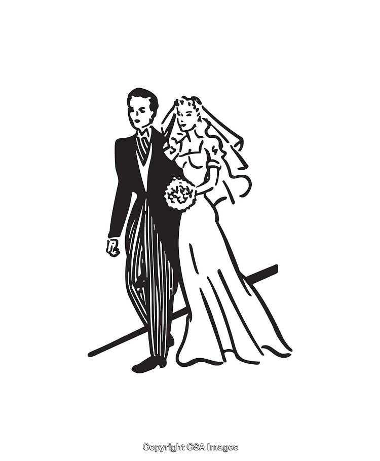 Black and White Line Art Illustration of a Bride and Groom Wedding Scene