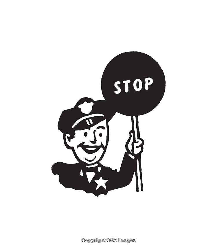 Retro Black and White Line Art Policeman Illustration Holding Stop Sign