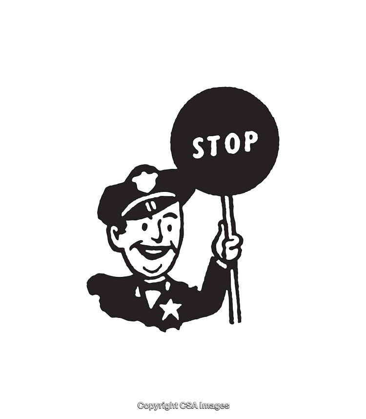 Retro Black and White Line Art Policeman Illustration Holding Stop Sign