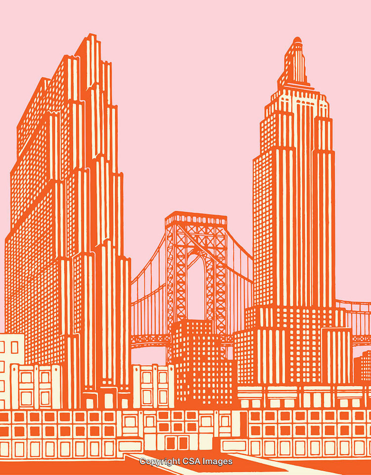 Illustrated Urban Skyline with Bridge in Vibrant Color Scheme