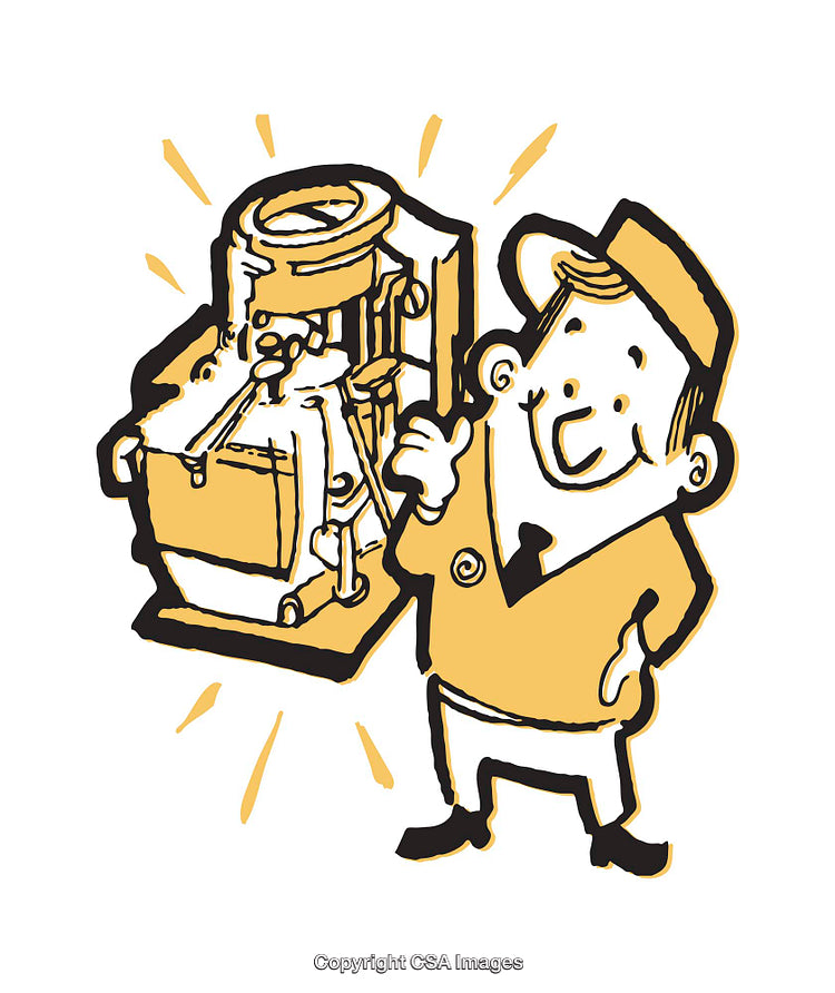 Cartoon Illustration of Smiling Man Presenting a Machine in Yellow Tones