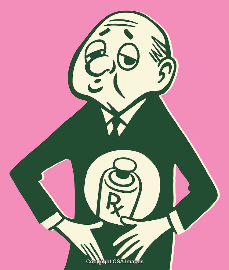Vintage Illustration of a Thoughtful Character Holding a Prescription Symbol