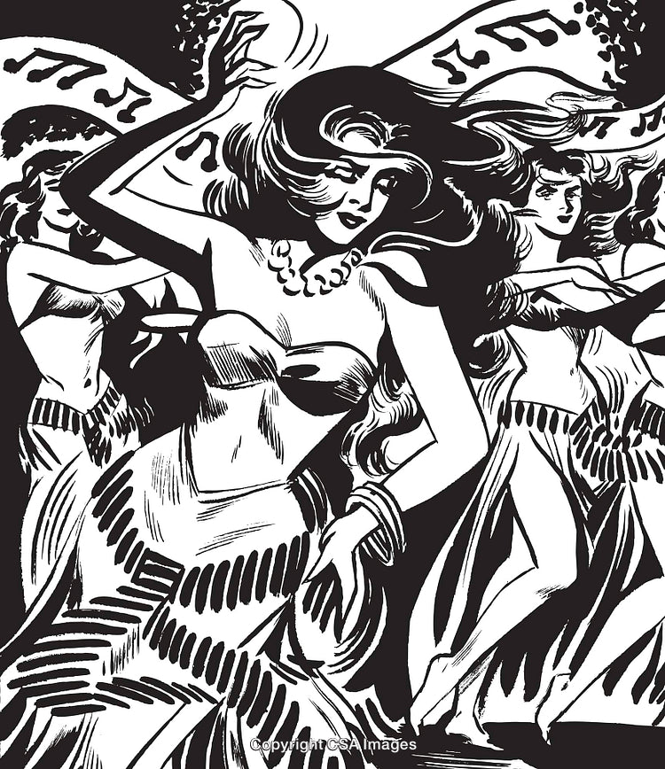 Vintage Black-and-White Illustration of Women Belly Dancing to Musical Notes