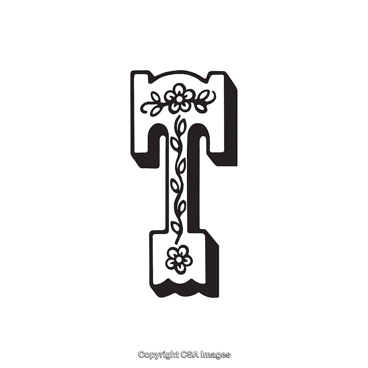 Decorative Letter T with Floral Embellishments in Black Vector Style