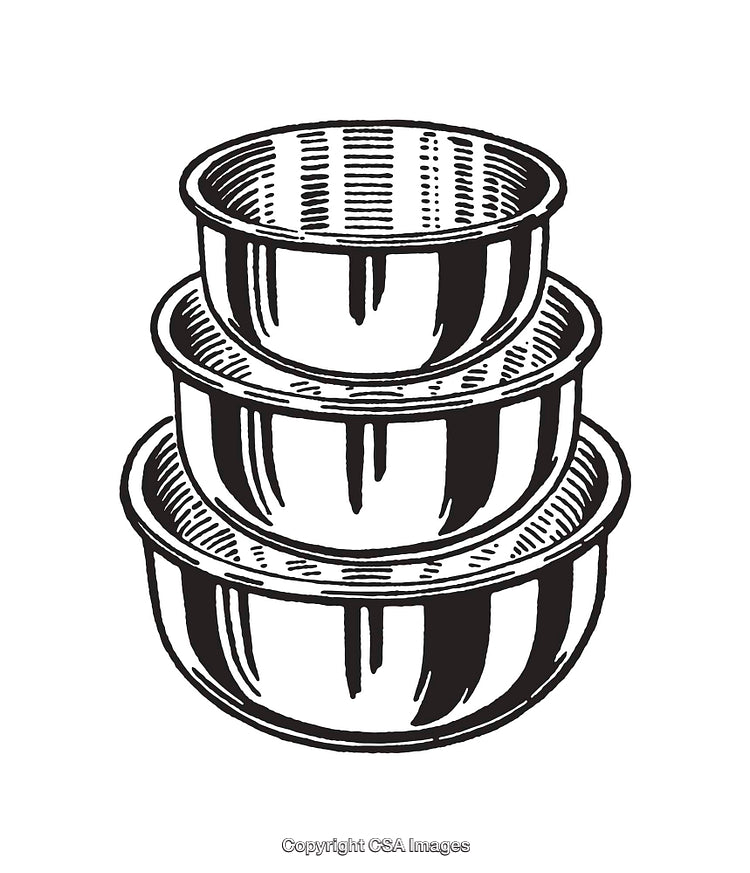 Stack of Three Stainless Steel Bowls Illustration in Black and White