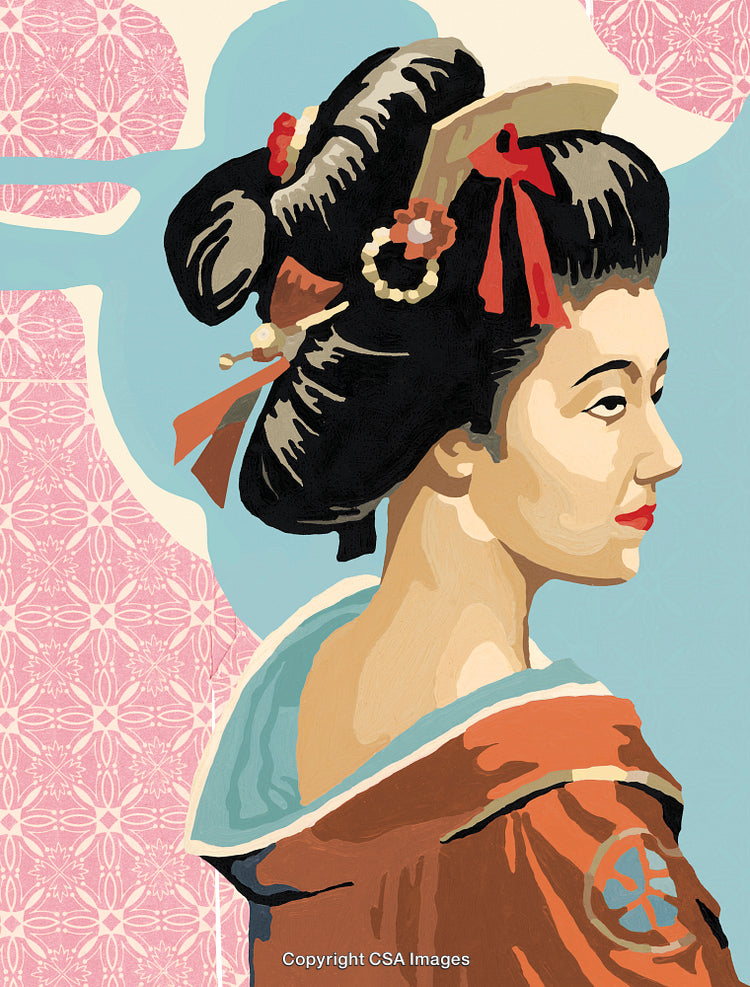 Traditional Geisha Portrait in Paint by Number Illustration Style