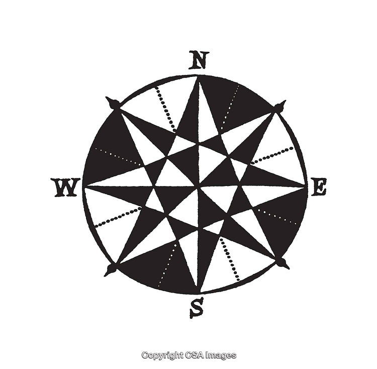 Black and White Nautical Compass Rose Illustration with Compass Directions