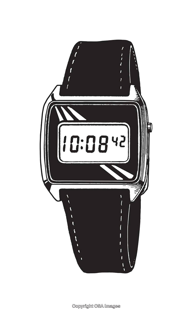 Black and White Line Art Drawing of a Digital Watch