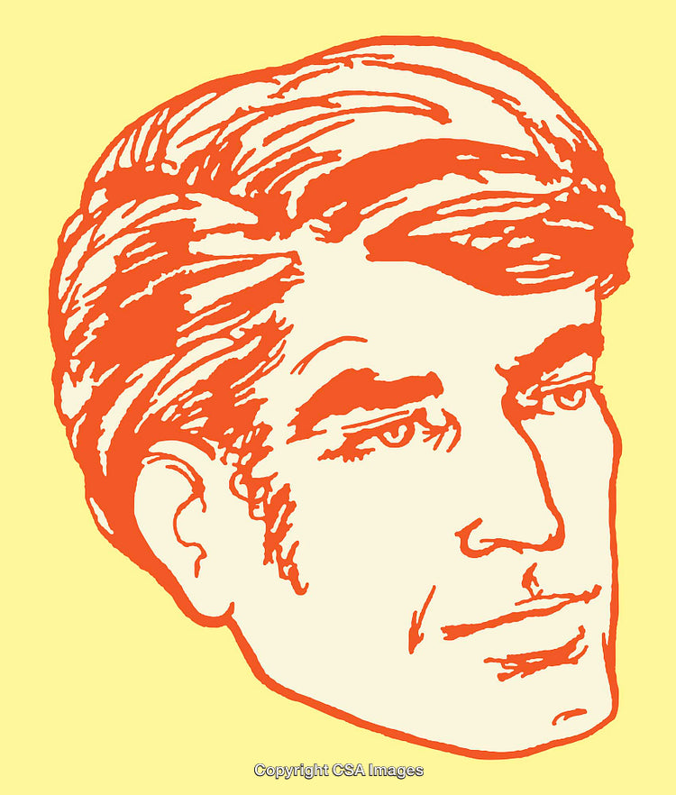 Vintage Male Head Line Art Illustration in Orange on Yellow