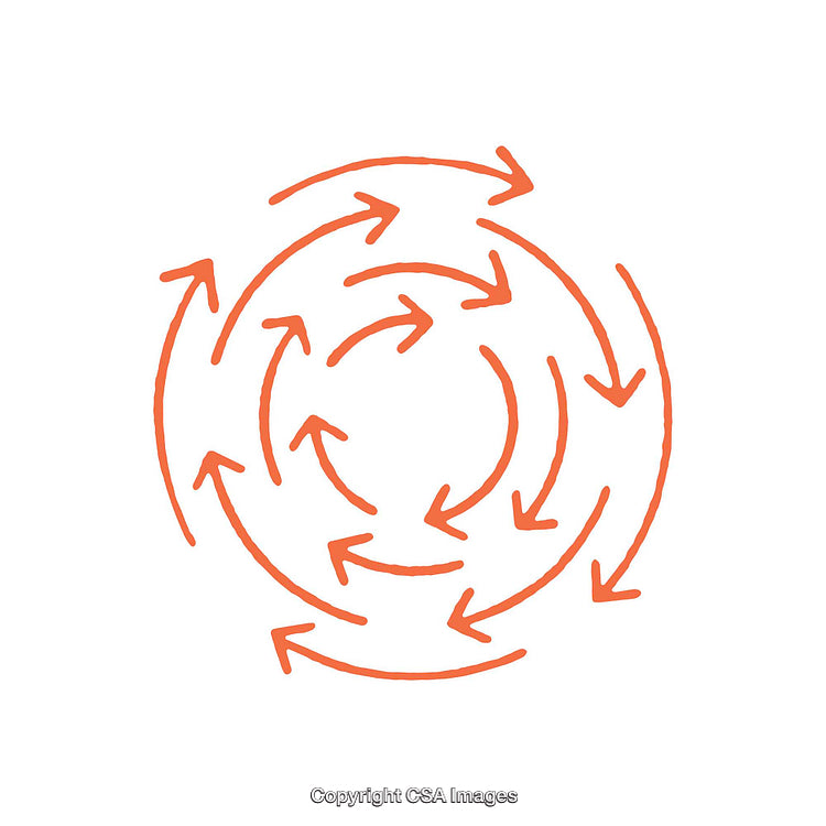 Abstract Circular Pattern of Orange Directional Arrows in a Spiral Design
