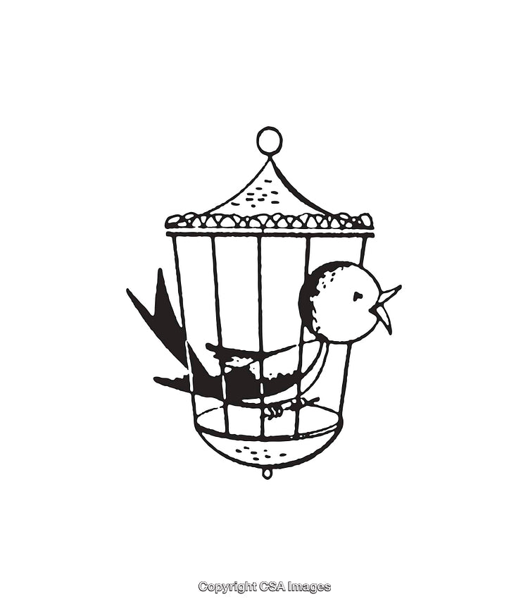 Black and White Line Art of a Singing Bird in a Cage