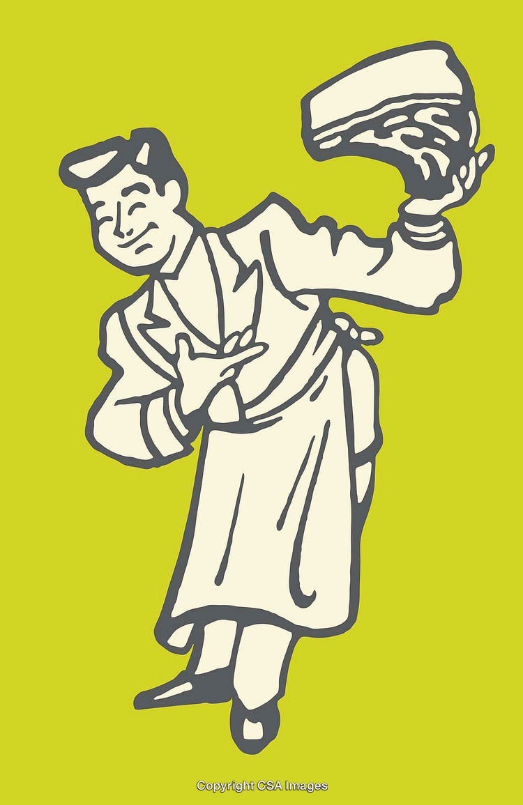 Vintage Illustration of Chef Holding Meat on Bright Green Background