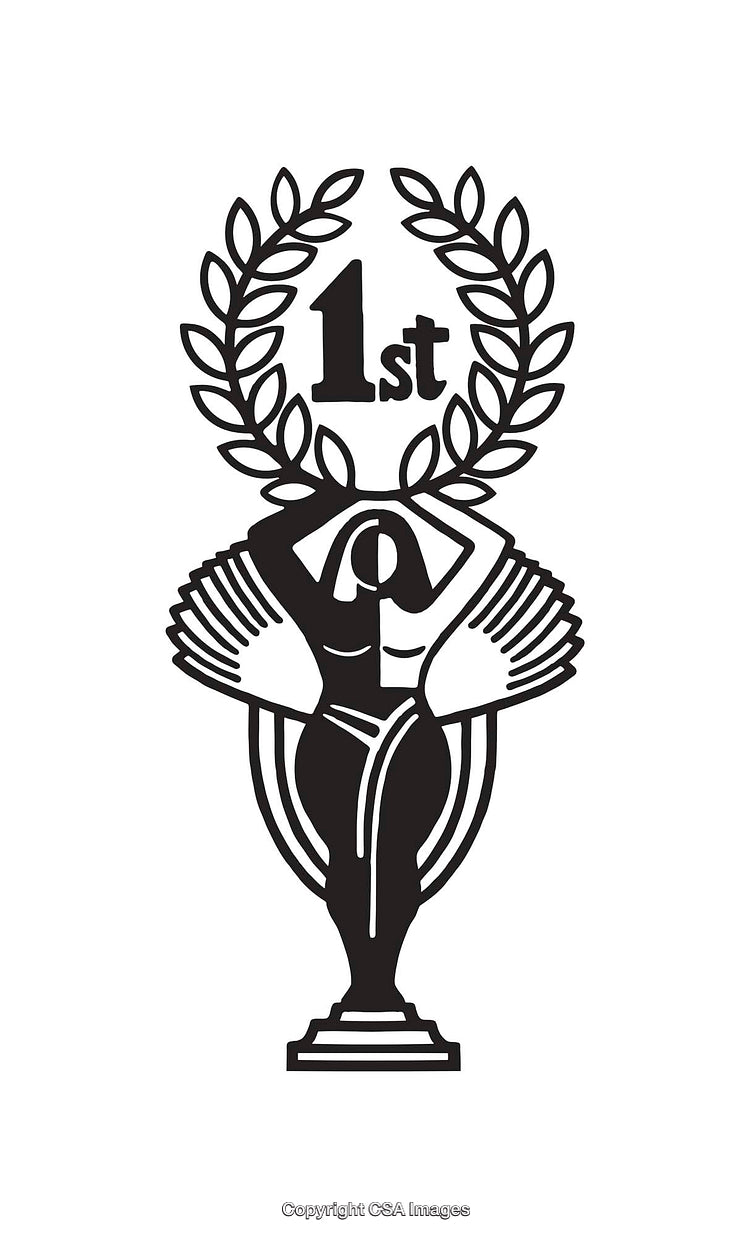 Victory Trophy Line Art With Laurel Wreath and First Place Text