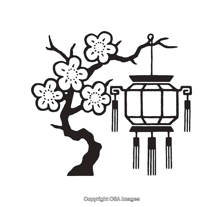 Black and White Line Art of Cherry Blossom and Traditional Lantern