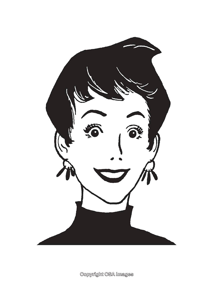 Cheerful Retro Illustration of a Smiling Woman in Black and White Line Art