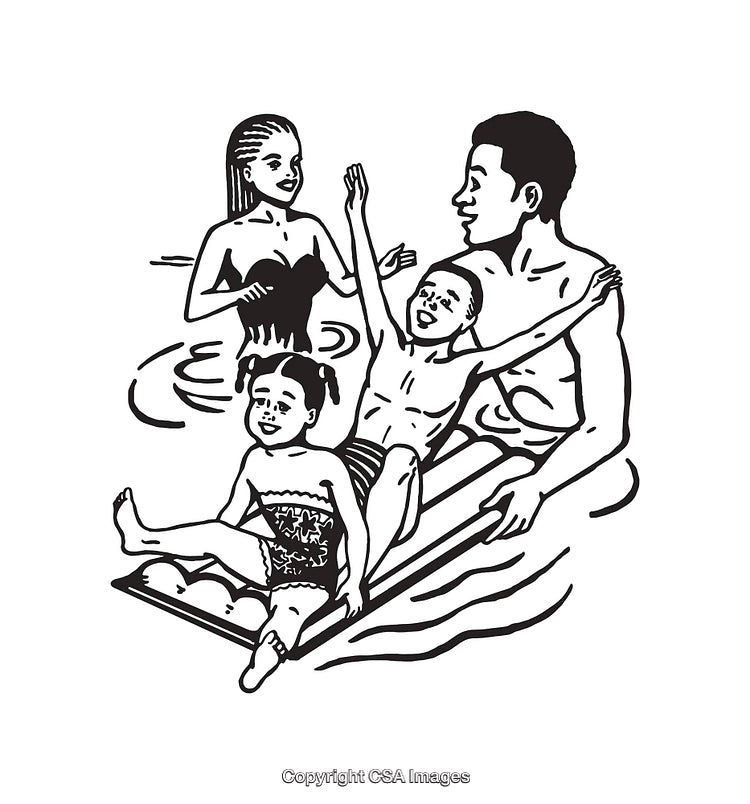 Family Enjoying Water Activities in a Black and White Line Art Drawing