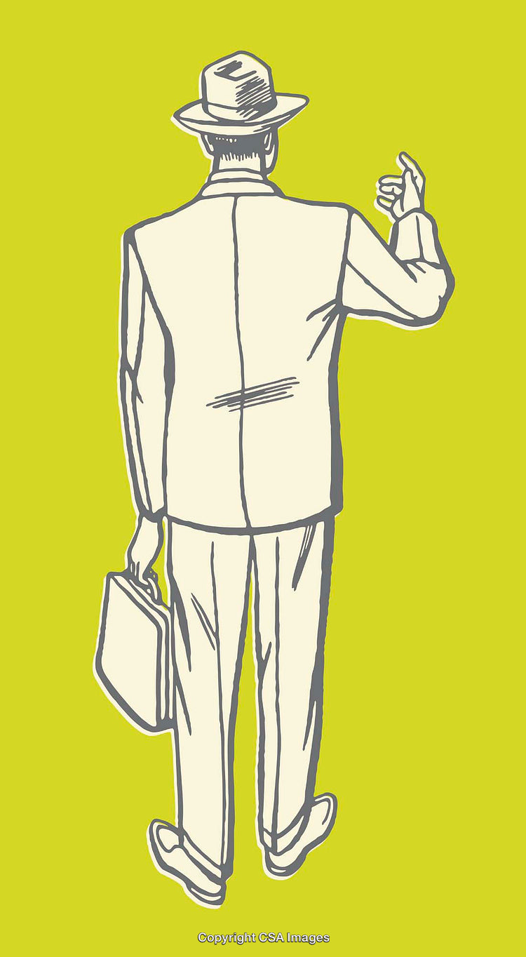 Retro Businessman Illustration in Hat Holding a Briefcase on Yellow