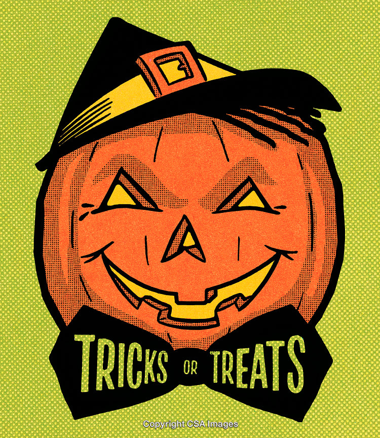 Vintage Halloween Jack-O'-Lantern Illustration with Witch Hat and Text
