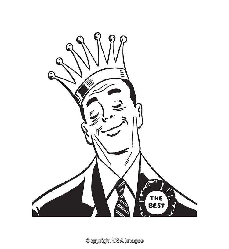 Black and White Illustration of a Man with a Crown and Badge