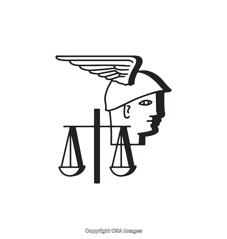 Black and White Illustration of Scales and Winged Helmet Symbol