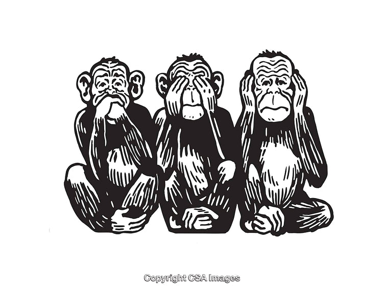 Black and White Illustration of Three Wise Monkeys Depicting Moral Principles